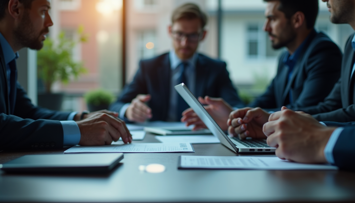 Close-up view of a business meeting with technology strategy discussion